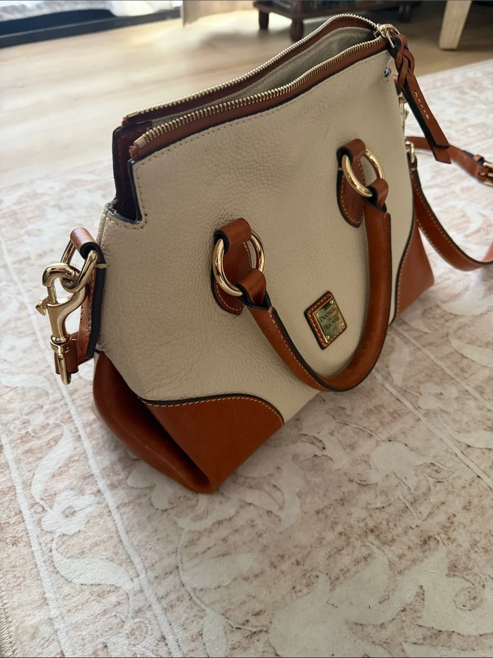 Dooney & Bourke Cream and Brown Pebbled Leather Satchel